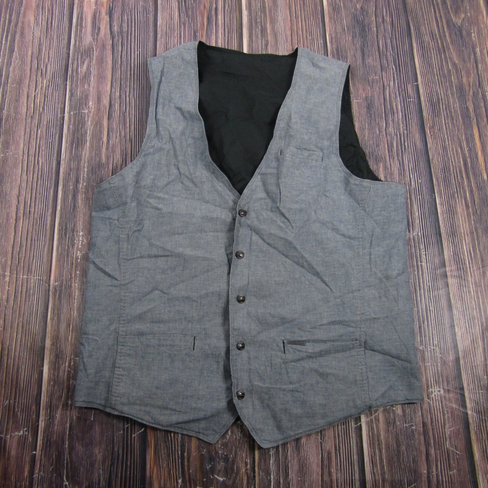 Jeremiah Vest Mens XL Blue Black Reversible Button Up Sleeveless Chambray Layer